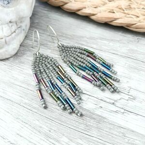 BOGO EARRINGS Small Beaded Fringe Cascade Dangle Earrings, Gray Metallic, 2.5"